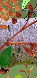 Artistic wallpaper with ants and leaves on a green backdrop.