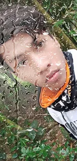 A young man with a nature background in lush greenery, wearing a hoodie.