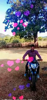 Man on motorcycle with heart effects in scenic nature.