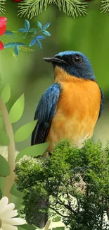 Blue and orange bird in floral and green setting.