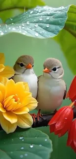 Two birds with colorful flowers on green leafy background wallpaper.