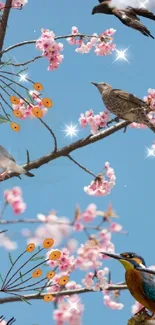 Birds among cherry blossoms on a blue sky background.