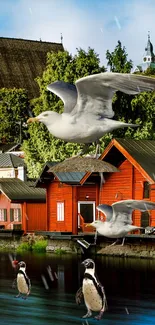 Seagulls over vibrant red cabins with swimming penguins below.