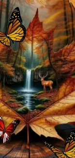 Autumn forest with butterflies, waterfall, deer on leaves.