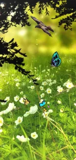 Serene mobile wallpaper with birds, butterflies, and green field.