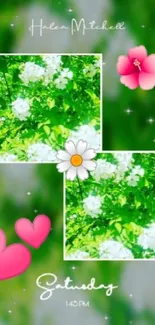 Green nature wallpaper with flowers and hearts.