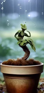 Bonsai tree in pot with rain, nature-themed wallpaper.