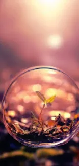 A seedling in a bubble with a purple background.