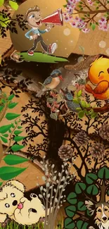 Whimsical cartoon nature wallpaper with animals and vibrant plants.