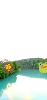 Serene lake with cartoon monkey and frog, surrounded by lush greenery.