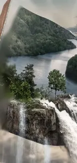 Waterfall cascading from book into lush green landscape.