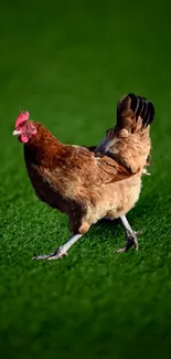 Chicken walking on lush green field in vibrant nature wallpaper.