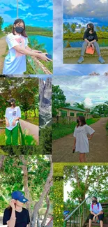 Collage of nature scenes with people in casual outfits.