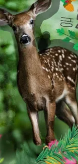 Serene deer in lush green forest with artistic design.