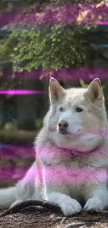 A peaceful dog resting in a lush forest.