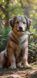 Dog seated in a lush green forest, holding a twig.