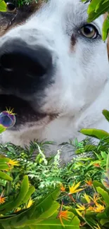 Dog's face amid lush green foliage and bubbles, vibrant phone wallpaper.