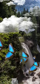 Vibrant nature wallpaper with butterflies and waterfall in a lush green forest.