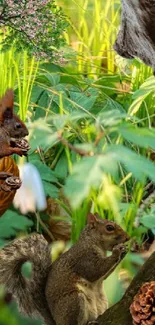 Squirrels in a lush green forest with a tree bark and pinecones.