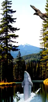 A tranquil forest scene with a leaping whale and soaring eagle over calm waters.