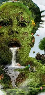 Artistic wallpaper with nature-inspired face and lush greenery.