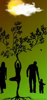 Nature family silhouette at sunset with tree and green gradient.