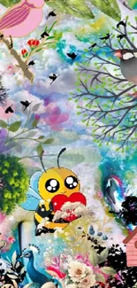 Fantasy nature wallpaper with birds and bees.