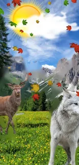 Fantasy nature wallpaper with wolf, deer, mountains, and colorful autumn leaves.