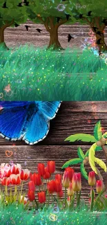 Nature fantasy wallpaper with trees, flowers, and butterfly.