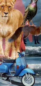 Surreal collage with animals, ocean waves, and a blue scooter.