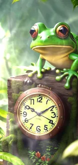 Frog perched on a mossy clock surrounded by lush green forest.