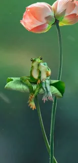 Green frog sitting on a leaf with pink lotus flowers on a serene background.