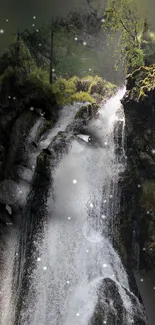 Surreal waterfall woman in nature-inspired wallpaper.