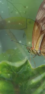 Butterfly on a leaf with glowing particles and tropical background.