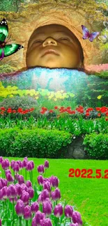 Colorful garden wallpaper with baby and butterflies.