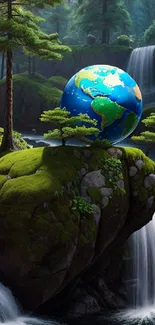 Lush forest with globe on mossy rock by waterfall.