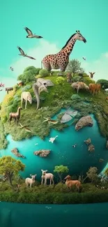 A vibrant globe with diverse animals in a lush natural setting.