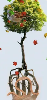 Surreal artwork of hand holding a tree with bird perched above.