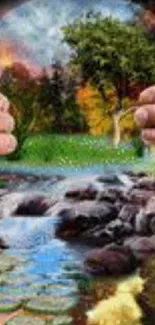 Hands holding vivid nature scene with trees and water.