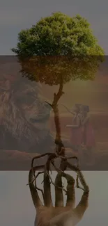 Majestic lion, vibrant tree, and children harmoniously depicted in a mobile wallpaper.