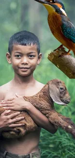 Child with goat and bird in forest wallpaper.