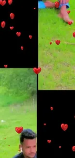 Green nature collage with red hearts on mobile wallpaper.