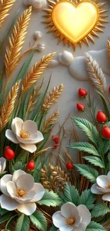 Golden heart and flowers mobile wallpaper with wheat and vibrant nature design.