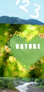 Green nature wallpaper with heart shape and forest background.