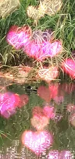 Pink heart-shaped lights over a serene nature scene.