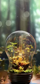 Light bulb filled with miniature plants in a forest scenery.