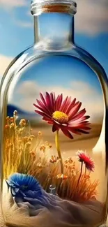 Vibrant flowers in a glass bottle, creating a serene scene.