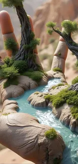Hand with trees and rivers forming a surreal landscape on palm.