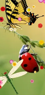 Wallpaper with butterfly, ladybug, and dragonfly on green grass.