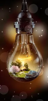 Nature scene inside a light bulb on a dark background mobile wallpaper.